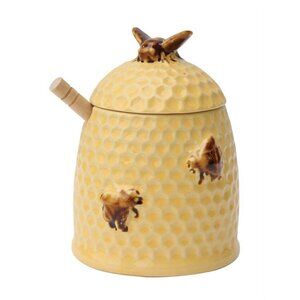 NWT Creative Co-Op Golden Stoneware Honey Jar With Wood Dipper Yellow